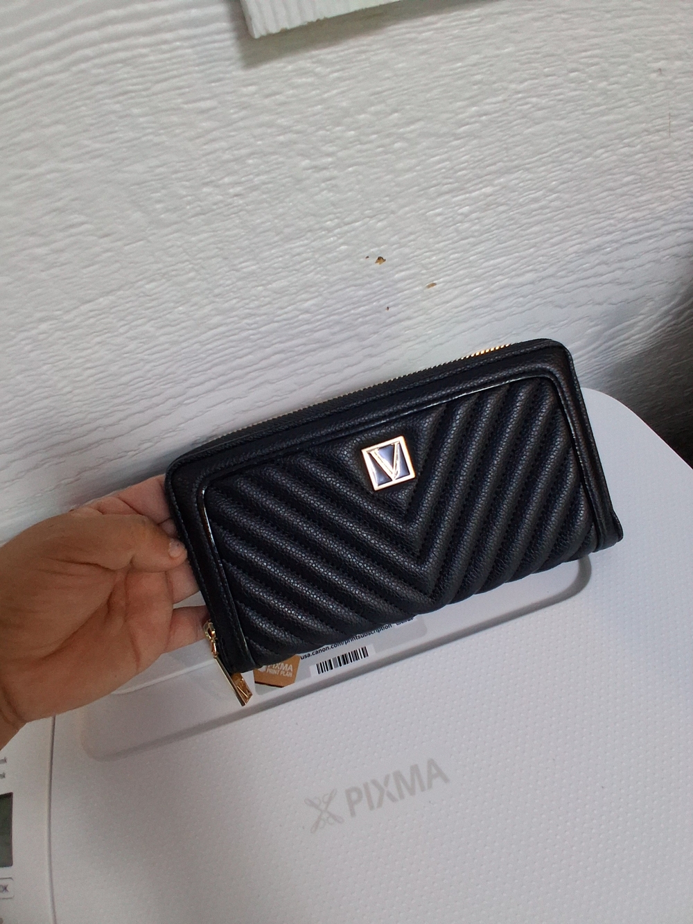 Victoria's Secret Black Quilted Zip Wallet with Gold Accent